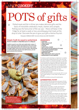 LIVING: COOKERY POTS of Gifts Potted Meat and Fish in Kilner Jars Makes Delicious Gifts and the Basis of Irresistible Celebratory Meals, Starters and Canapés