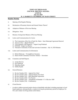 TOWN of THESSALON COUNCIL MEETING AGENDA 6:30 P.M. July 20, 2020 W
