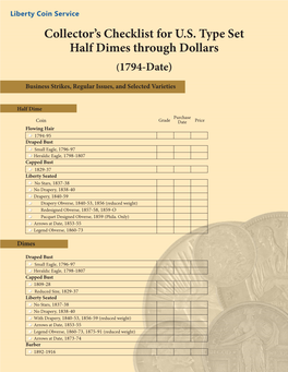 Collector's Checklist for U.S. Type Set Half Dimes Through Dollars