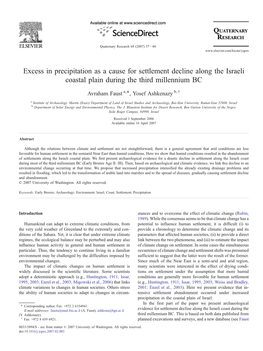 Excess in Precipitation As a Cause for Settlement Decline Along the Israeli Coastal Plain During the Third Millennium BC ⁎ Avraham Faust A, , Yosef Ashkenazy B,1