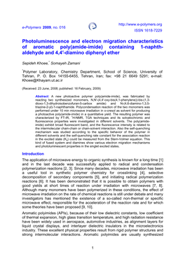 Photoluminescence and Electron Migration Characteristics of Aromatic Poly(Amide-Imide) Containing 1-Naphth- Aldehyde and 4,4′-Diamino Diphenyl Ether