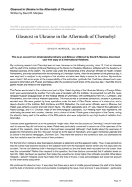 Glasnost in Ukraine in the Aftermath of Chernobyl Written by David R