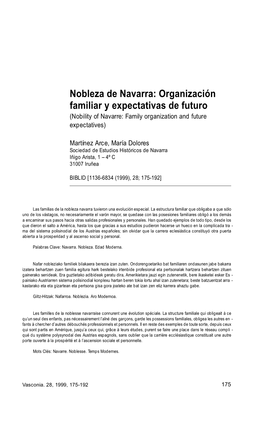 Nobleza De Navarra: Organización Familiar Y Expectativas De Futuro (Nobility of Navarre: Family Organization and Future E X P E C T a T I V E S )