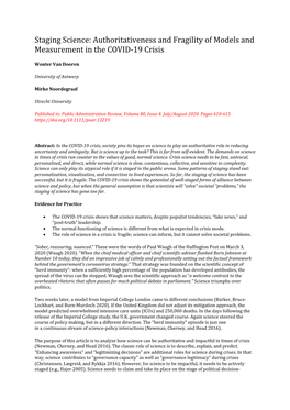 Staging Science: Authoritativeness and Fragility of Models and Measurement in the COVID-19 Crisis