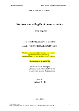 Secours Aux Réfugiés Et Colons Spoliés, a - K