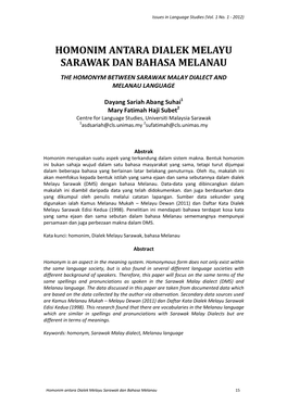Homonim Antara Dialek Melayu Sarawak Dan Bahasa Melanau the Homonym Between Sarawak Malay Dialect and Melanau Language