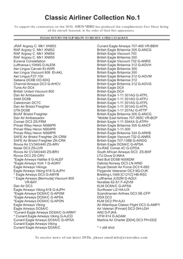 Fact Sheet Listing All the Aircraft Featured, in the Order of Their First Appearance