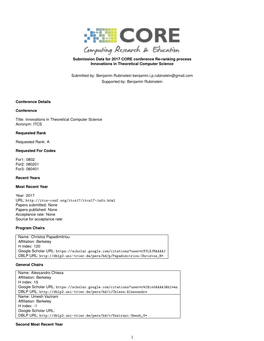 Submission Data for 2017 CORE Conference Re-Ranking Process Innovations in Theoretical Computer Science