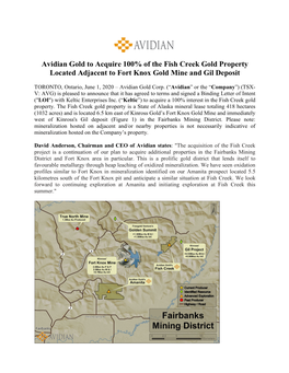 Avidian Gold Acquires the Fish Creek Property, Alaska