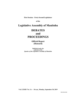 Legislative Assembly of Manitoba DEBATES and PROCEEDINGS Official Report