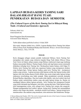 Lapisan Budaya Keris Taming Sari Dalam Hikayat Hang Tuah: Pendekatan Budaya Dan Semiotik