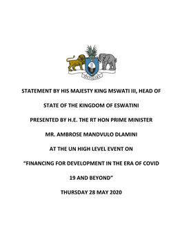 Statement by His Majesty King Mswati Iii, Head of State of the Kingdom of Eswatini Presented by H.E. the Rt Hon Prime Minister M