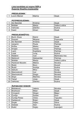 Lista Kandidata Za Organe SDP-A Županije Sisa Čko-Moslava Čke