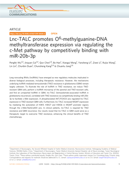 Lnc-TALC Promotes O6-Methylguanine-DNA Methyltransferase Expression Via Regulating the C-Met Pathway by Competitively Binding with Mir-20B-3P