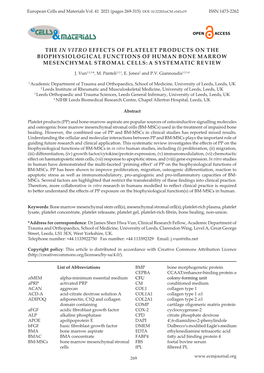 Pages 269-315) Effects DOI: of 10.22203/Ecm.V041a19platelet Products on Bio-Physiology ISSN of BM-Mscs1473-2262