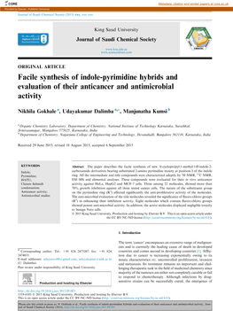 Facile Synthesis of Indole-Pyrimidine Hybrids and Evaluation of Their Anticancer and Antimicrobial Activity