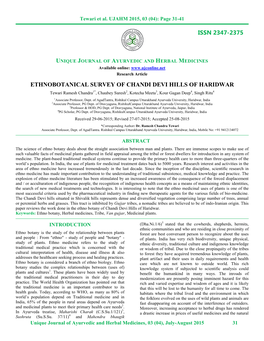 Issn 2347-2375 Ethnobotanical Survey of Chandi Devi Hills