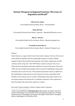 Nuclear Weapons in Regional Contexts: the Cases of Argentina and Brazil