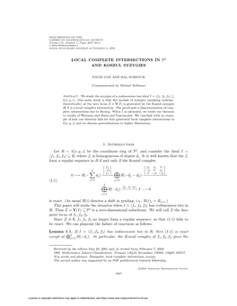 Local Complete Intersections in P2 and Koszul Syzygies 1