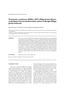 Pontoscolex Corethrurus (Müller, 1857) (Oligochaeta Glosso- Scolecidae) in Forest Transformation System in Bungku Village, Jambi, Indonesia