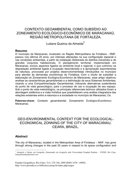 Contexto Geoambiental Como Subsídio Ao Zoneamento Ecológico-Econômico De Maracanaú, Região Metropolitana De Fortaleza