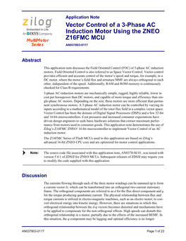 Vector Control of a 3-Phase AC Induction Motor Using the ZNEO Multimotor Z16FMC MCU Series AN037803-0117