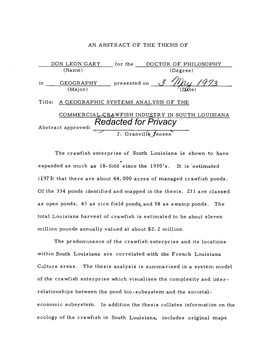 A Geographical Systems Analysis of the Commercial Crawfish Industry in South Louisiana