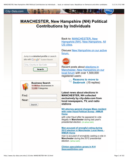 MANCHESTER, New Hampshire (NH) Political Contributions by Individuals … Local, Or National Races, Republican Or Democrat and Other Candidates 5/2/14, 9:52 AM