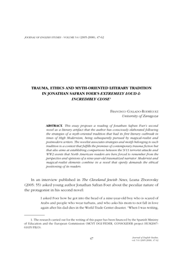 Trauma, Ethics and Myth-Oriented Literary Tradition in Jonathan Safran Foer’S Extremely Loud & Incredibly Close1