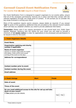 Cornwall Council Event Notification Form for Events That Do Not Require a Road Closure