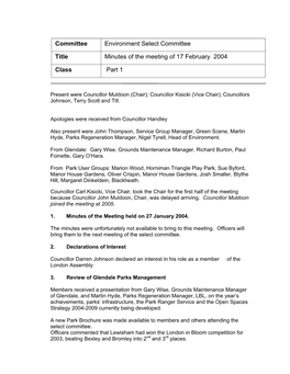 Committee Environment Select Committee Title Minutes of The