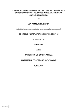 A Critical Investigation of the Concept of Double Consciousness in Selected African-American Autobiographies