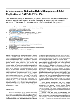 Artemisinin and Quinoline Hybrid Compounds Inhibit Replication of SARS-Cov-2 in Vitro