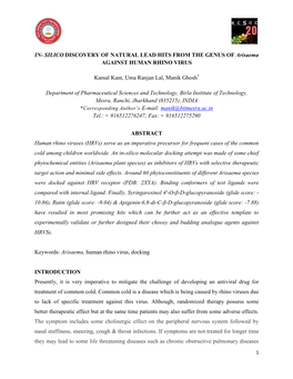 SILICO DISCOVERY of NATURAL LEAD HITS from the GENUS of Arisaema AGAINST HUMAN RHINO VIRUS