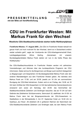 CDU Im Frankfurter Westen: Mit Markus Frank Für Den Wechsel