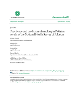 Prevalence and Predictors of Smoking in Pakistan: Results of the National Health Survey of Pakistan Khabir Ahmed Aga Khan University, Khabir.Ahmed@Aku.Edu