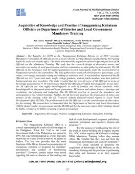 Acquisition of Knowledge and Practice of Sangguniang Kabataan Officials on Department of Interior and Local Government Mandatory Training