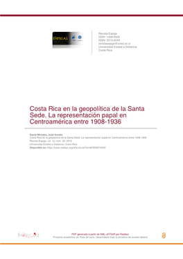 Costa Rica En La Geopolítica De La Santa Sede. La Representación Papal En Centroamérica Entre 1908-1936