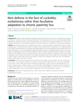 Evolutionary Rather Than Facultative Adaptation to Chronic Paternity Loss Holger Zimmermann1, Karoline Fritzsche1,2, Jonathan M