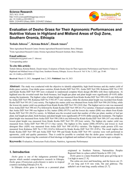 Evaluation of Desho Grass for Their Agronomic Performances and Nutritive Values in Highland and Midland Areas of Guji Zone, Southern Oromia, Ethiopia