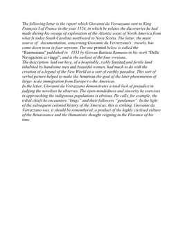 The Following Letter Is the Report Which Giovanni Da Verrazzano Sent to King François I of France in the Year 1524, in Which B