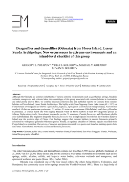 Odonata) from Flores Island, Lesser Sunda Archipelago: New Occurrences in Extreme Environments and an Island-Level Checklist of This Group