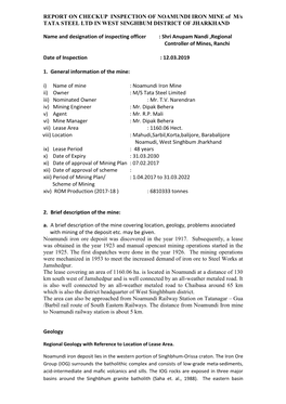 REPORT on CHECKUP INSPECTION of NOAMUNDI IRON MINE of M/S TATA STEEL LTD in WEST SINGHBUM DISTRICT of JHARKHAND