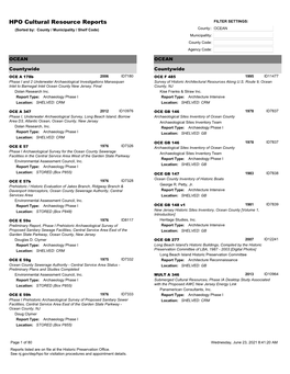 HPO Cultural Resource Reports FILTER SETTINGS: (Sorted By: County / Municipality / Shelf Code) County:: OCEAN Municipallity: County Code: Agency Code