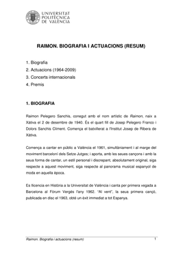 Raimon. Biografia I Actuacions (Resum)