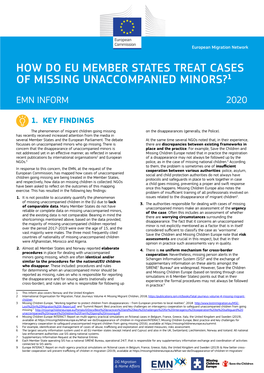 How Do Eu Member States Treat Cases of Missing Unaccompanied Minors?¹ Emn Inform 2020