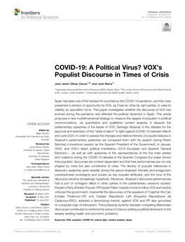 COVID-19: a Political Virus? VOX's Populist Discourse in Times of Crisis