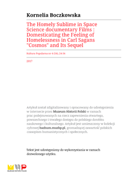 Kornelia Boczkowska the Homely Sublime in Space Science Documentary Films : Domesticating the Feeling of Homelessness in Carl Sagans 
