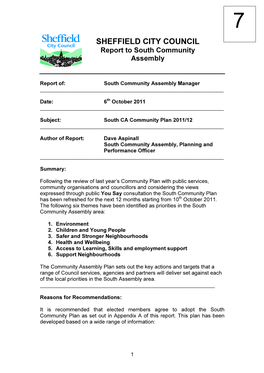 SHEFFIELD CITY COUNCIL Report to South Community Assemb Ly