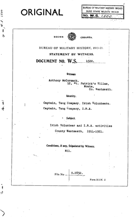 ROINN COSANTA. BUREAU of MILITARY HISTORY, 1913-21 STATEMENT by WITNESS. DOCUMENT NO. WS 1500. Witness Anthony Mccormack, 12